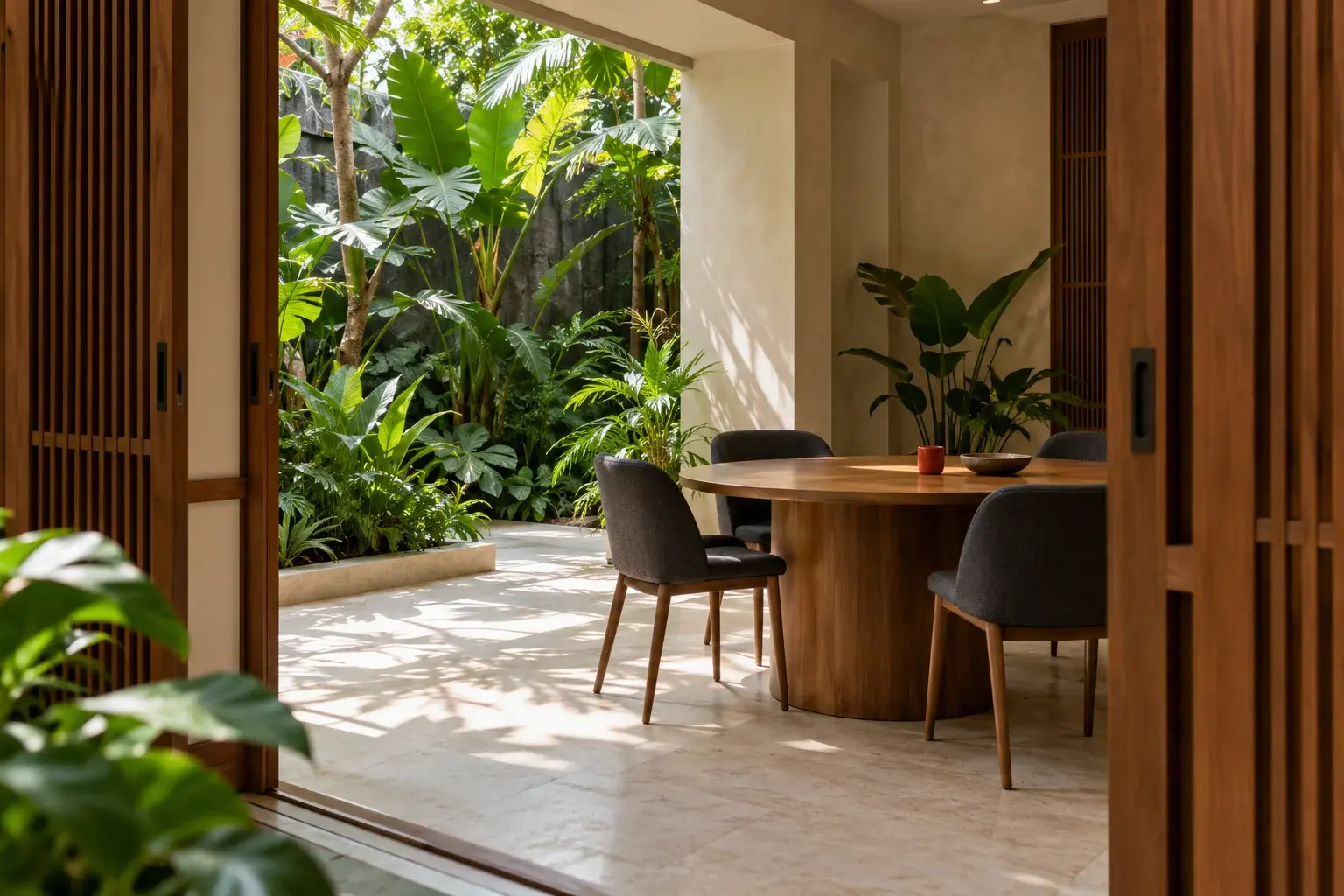 Illustrative courtyard meeting space with timber doors and tropical planting