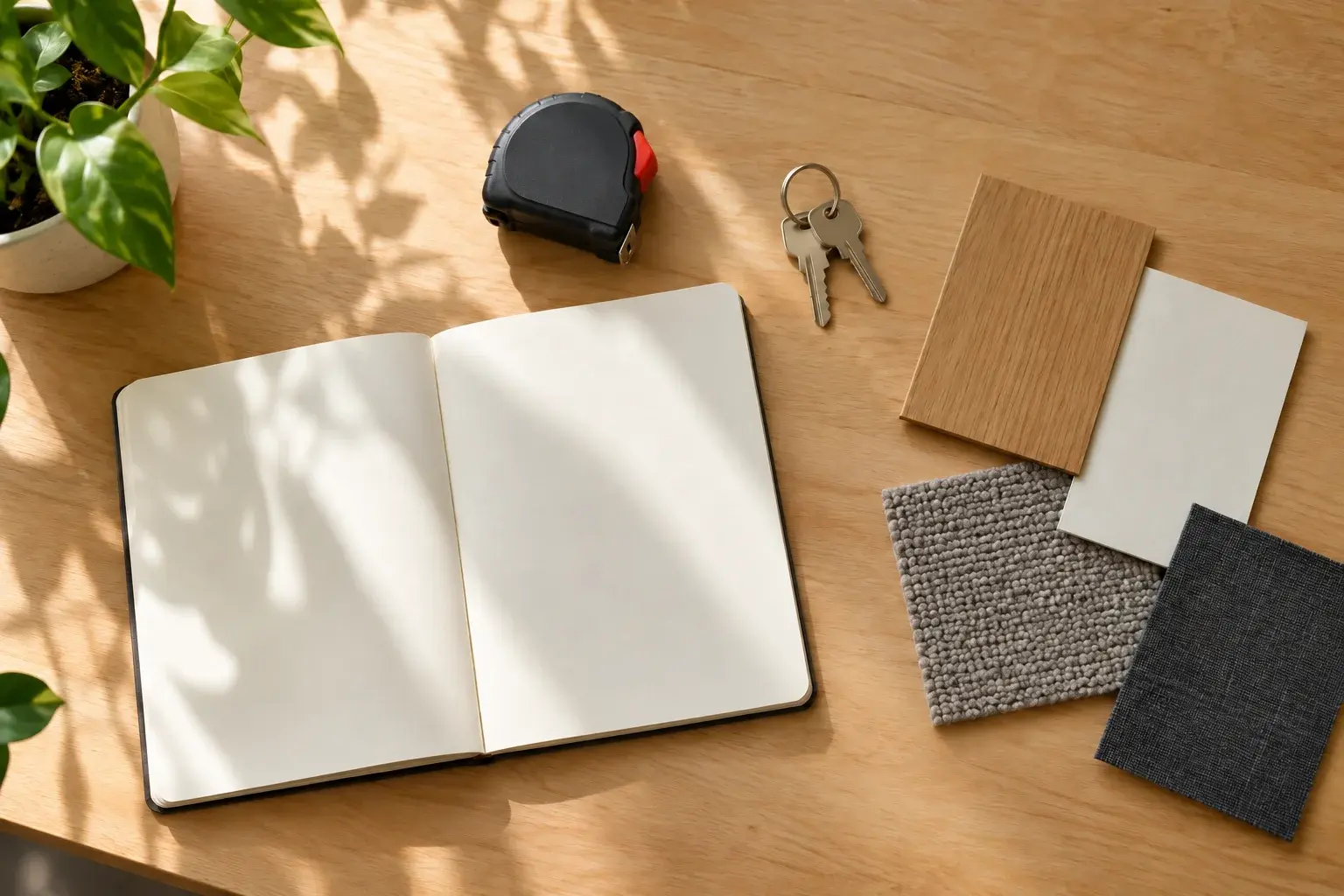 Office planning materials with a notebook, tape measure and swatches