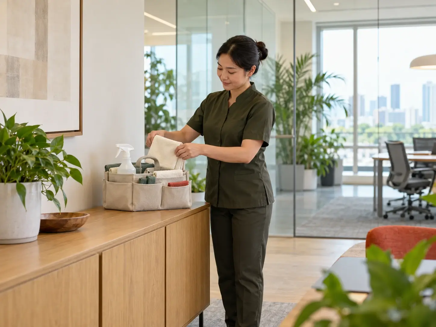 A workplace-care specialist preparing neatly folded cloths and an office service kit